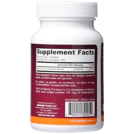 【Jarrow Formulas】Vitamin D3, 5000 IU, 100 Softgels - Kootw