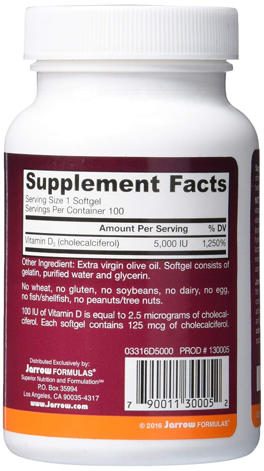 【Jarrow Formulas】Vitamin D3, 5000 IU, 100 Softgels - Kootw